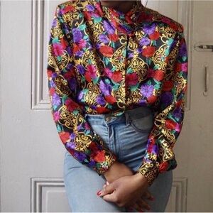 Notations Vibrant Floral Blouse in Red, Purple, and Gold
